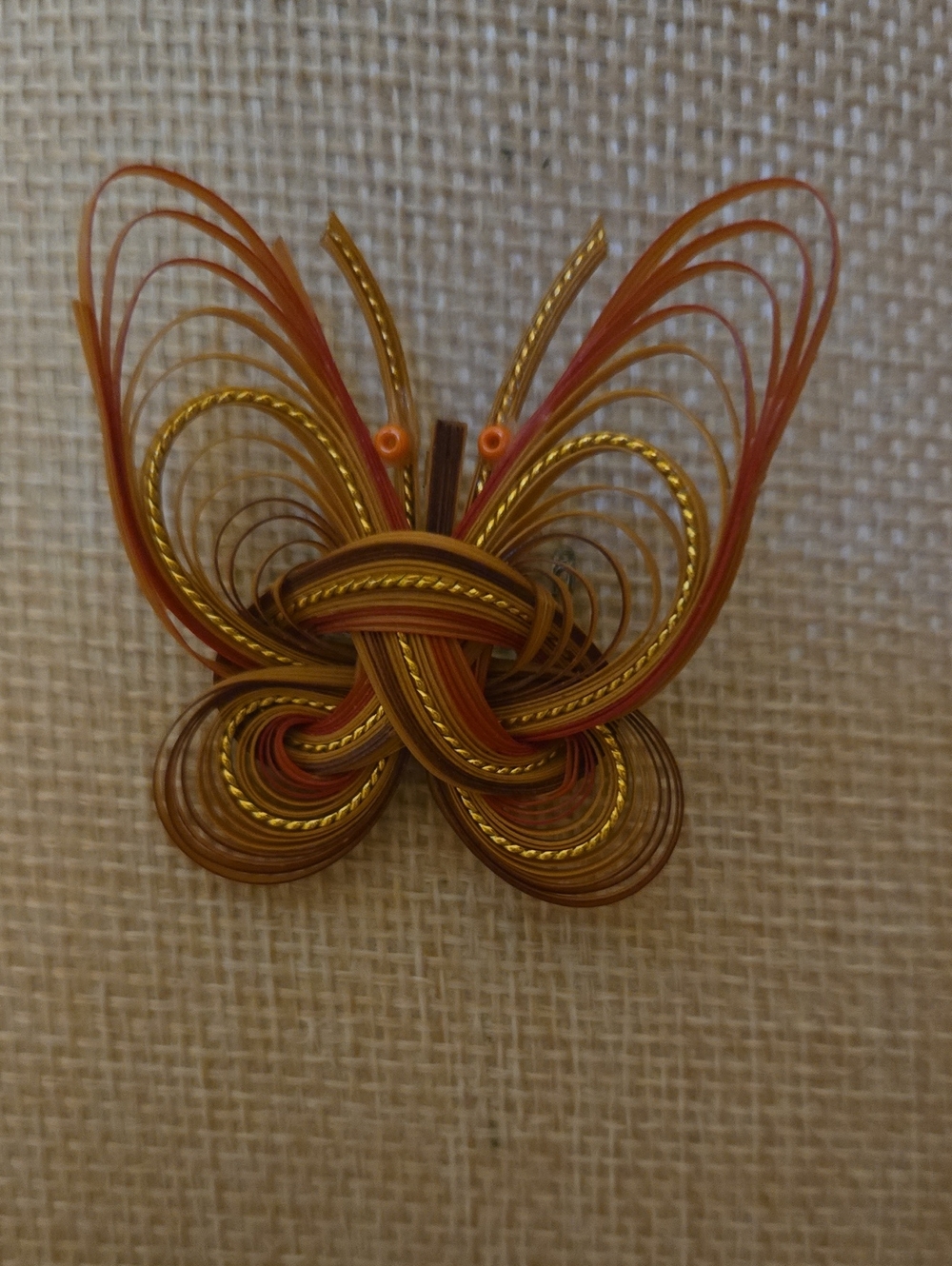 Handcrafted Quilled Bamboo Butterfly Brooch in Gold, Orange,and Brown